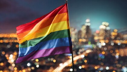 LGBT flag against the backdrop of a large night glowing city metropolis, month of queer lgbtq pride parade, June 1, fight for equal rights, homophobia tolerance