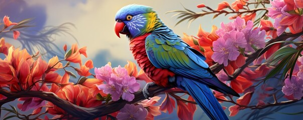 Obraz premium Craft a detailed, CG 3D Tilted angle view of a Rainbow Lorikeet interacting with a colorful backdrop of tropical foliage