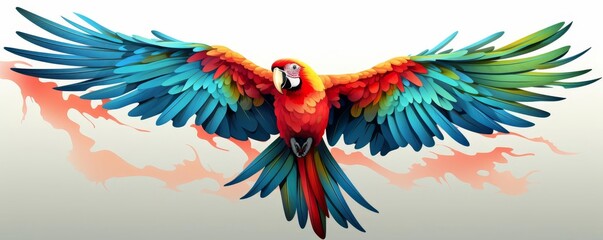 Fototapeta premium Craft a detailed, digital recreation of a birds-eye view perspective of a Green-Winged Macaw Emphasize its tropical hues and intricate patterns with photorealistic precision