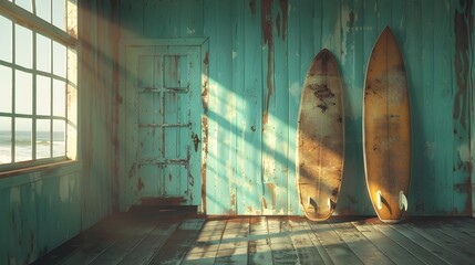 A photo shows surfboards leaning against the wall in an empty room with soft, diffused sunlight streaming through a window, creating a serene atmosphere.