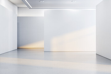 An empty modern gallery room, white walls and floor, sunlight casting shadows, for art exhibition...