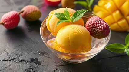 A refreshing lychee and mango sorbet made with fresh locally sourced fruits.