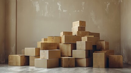 A pile of cardboard boxes stacked on top of each other in an empty room. The background is plain and neutral, creating a stark contrast with the brownish color of the boxes. 