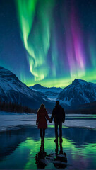 Silhouette of a loving couple holding hands by a calm lake with the beautiful northern lights dancing in the evening sky