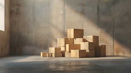 A pile of cardboard boxes stacked on top of each other in an empty room. The background is plain and neutral, creating a stark contrast with the brownish color of the boxes. 