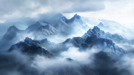 Misty mountain range with sharp peaks and clouds creating a dramatic and serene atmosphere