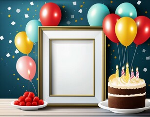 , birthday photo frame template with balloons and cake. Beautiful template design for birtday card, birthday invitation, greeting card.