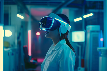 Scientists in a futuristic laboratory use virtual reality to cure diseases