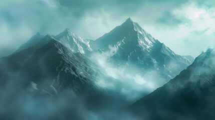 Foggy mountain range with distinct peaks and clouds creating a cold and dramatic yet serene atmosphere