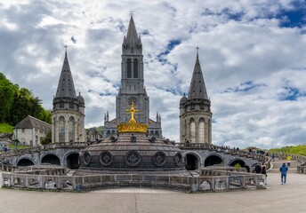 view of the Sanctuary of Our Lady of Lourdes in the Pyrenean foothills of France