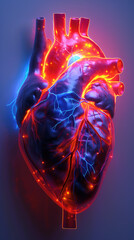 A realistic human heart with blood vessels and veins highlighted in blue and red neon lights