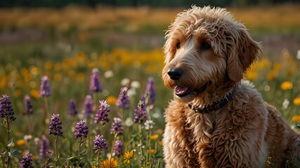 A majestic golden doodle, encircled by a field of vivid wildflowers and wearing a glittering golden crown, radiates grace and elegance.