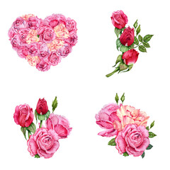 Pink roses love heart compositions. Ped flower buds arrangements set. Drawn watercolor illustration isolated on transparent background. Floral Valentine's cards, birthday or wedding invitations, print