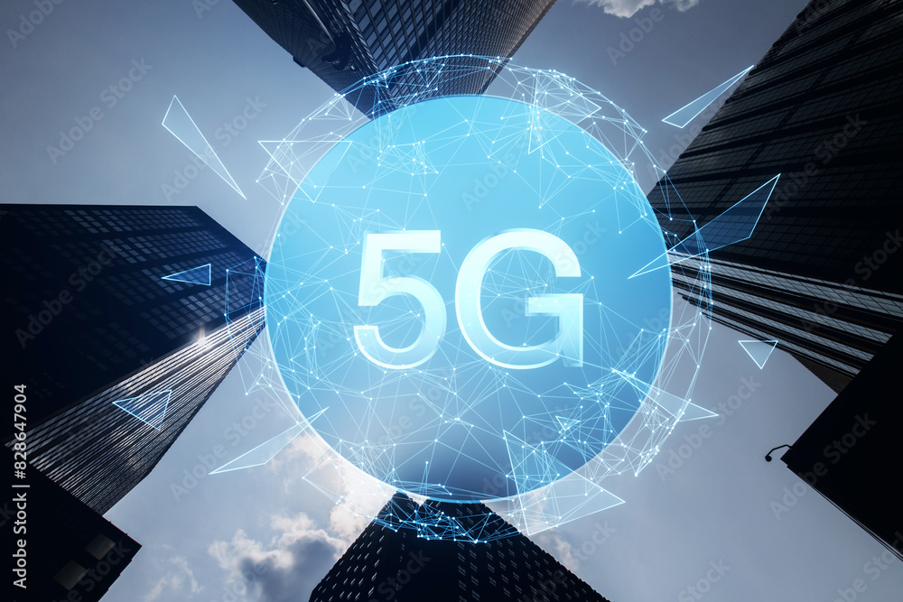 Poster skyscrapers with a digital 5g network graphic against a sky backdrop, symbolizing technology and con
