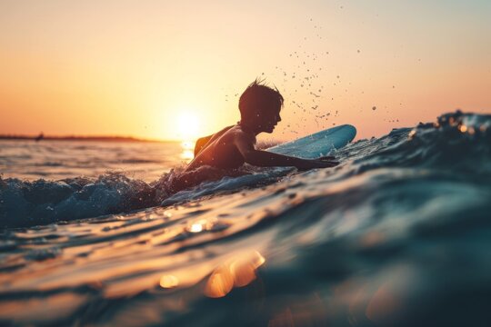 A boy learning to surf at sunset