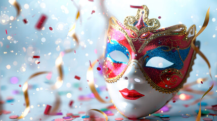 Carnival party background. Venetian mask on white background with confetti
