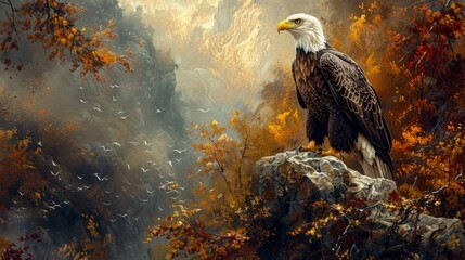 Magnificent bald eagle perched on a cliff b
