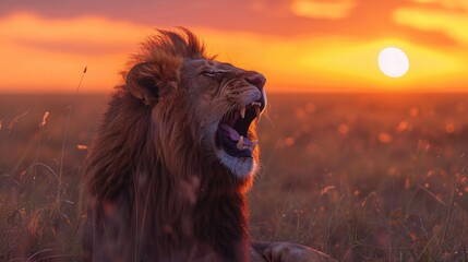 Fototapeta premium Majestic lion roaring at sunset on the savannah