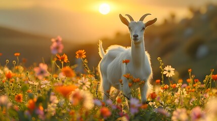 A white goat stands in the middle of a field full of flowers, with its head tilted to one side and ears perpped up.