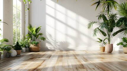 A white wall with a wooden floor, a window on the left side of the room and some plants on the right side. The room is empty and has no furniture inside.