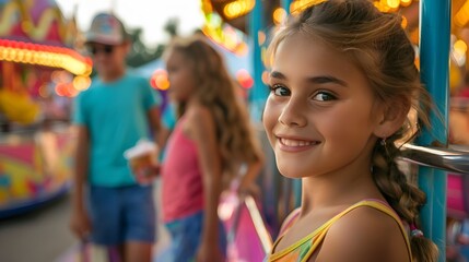 Obraz premium Summer Fun: Parents and Children Bonding at a Vibrant Local Fair
