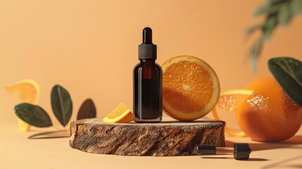 Dark glass cosmetic bottle with orange slice on podium. Vitamin C beauty product concept.