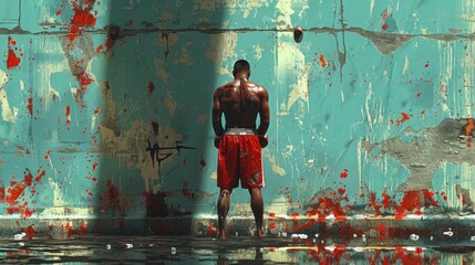 A digital artwork of a muscled boxer standing in the rain against a worn down urban backdrop, evoking grit and determination