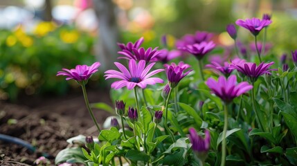Obraz premium Purple flowers thriving in a deserted garden