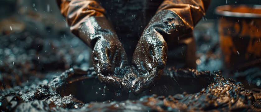 Oil spill. Black dirty crude oil in human hands.