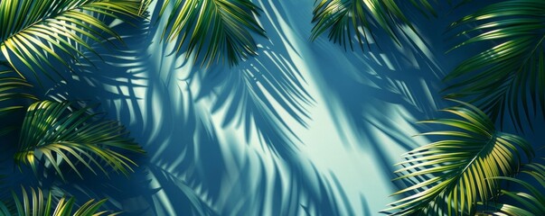 Palm leaves swaying gracefully in shadow, flat design, top view, tropical night theme, 3D render, Analogous Color Scheme