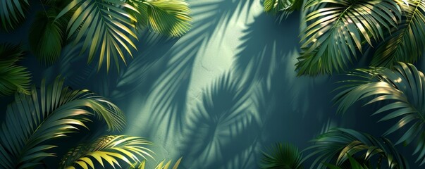 Palm leaves swaying gracefully in shadow, flat design, top view, tropical night theme, 3D render, Analogous Color Scheme