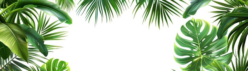 Fototapeta premium Palm leaves with large tropical fronds, flat design, top view, beach theme, cartoon drawing, vivid