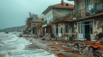 Aftermath of a severe weather event in a residential area. Houses show signs of damage