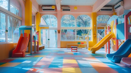 At the kindergarten art exhibition, there is an indoor playground with slides and windows on one side. The floor has colorful paint patterns, creating a cheerful atmosphere for children to play.