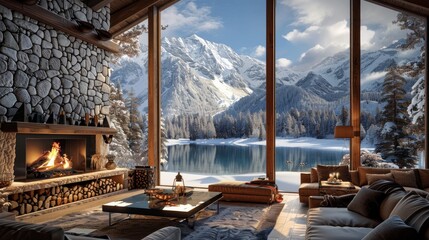 Mountain lodge with a stone fireplace and snowy landscape