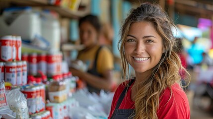 A woman merchant with a radiant smile poses at a bustling local market with an array of canned products on the shelves behind her