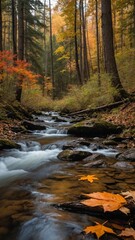 Stream meanders through forest, waters dance over stones, framed by trees ablaze with autumns touch. Light dapples scene, highlighting vibrant tapestry of leaves that carpet ground.