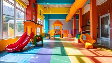 At the kindergarten art exhibition, there is an indoor playground with slides and windows on one side. The floor has colorful paint patterns, creating a cheerful atmosphere for children to play.