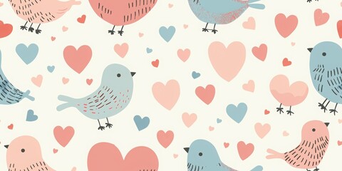 romantic valentine's day seamless pattern, hearts, cute little love birds, colorful, pastel colors