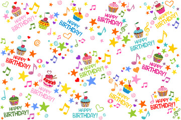 Happy birthday. Seamless wrapping paper of musical notes, text, stars. Seamless cupcake pattern isolated on White background. Vector illustration