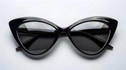 Black sunglasses with cateye shape on white background, top view.