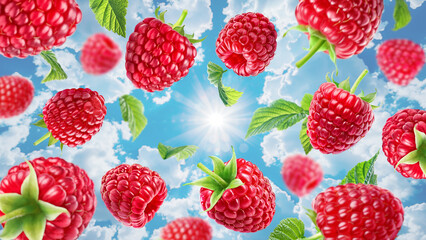 Flying juicy raspberries against the background of the sky with clouds.