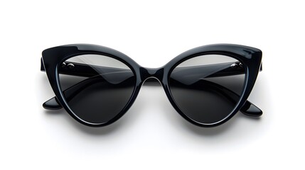 Black sunglasses with cateye shape on white background, top view.