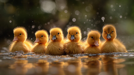 A group of six little yellow duck chicks are sitting in the shallow water