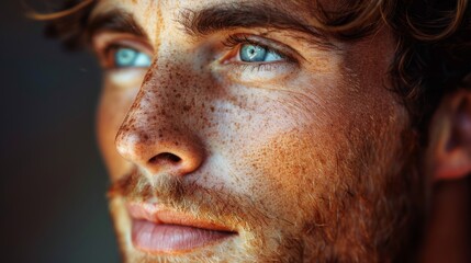 A thoughtful man with freckles and deep contemplative expression. Natural beauty of freckled skin