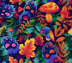 Vibrant and Whimsical Forest Pattern with Colorful Bear Paw Prints and Autumnal Elements