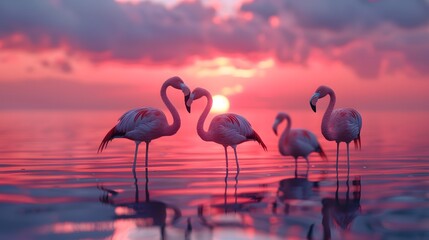 Fototapeta premium Flamingos standing in shallow water at sunset, photo realistic, in the style of national geographic style.