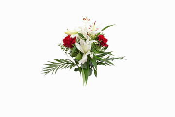 Beautiful flowers bouquet with white lilies, red roses and palm leaves, isolated on white background