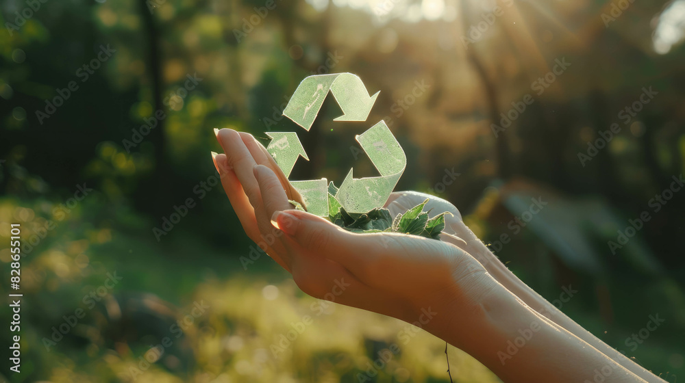 Wall mural a symbolic gesture: hands hold a recycling symbol, advocating for environmental preservation. ai gen