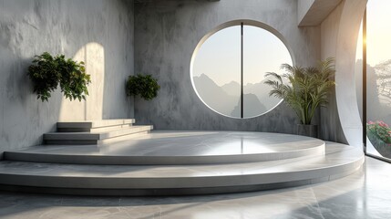 An open modern room with a large circular window overlooking mountains, representing serenity and minimalism